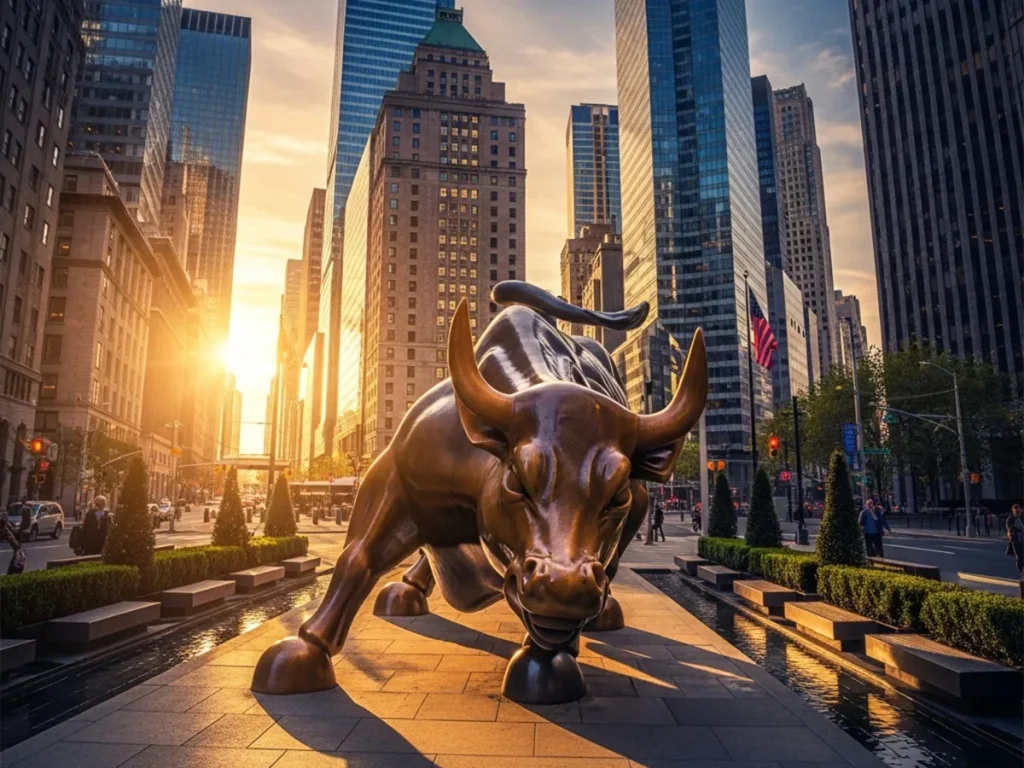 Monumental outdoor charging bull statue facing city street in financial district representing business protection and competitive market dominance