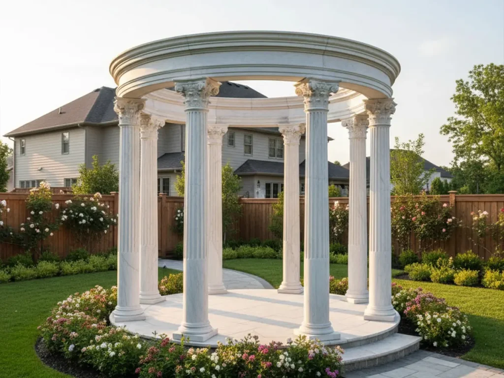 White marble gazebo with Roman columns installed on concrete foundation