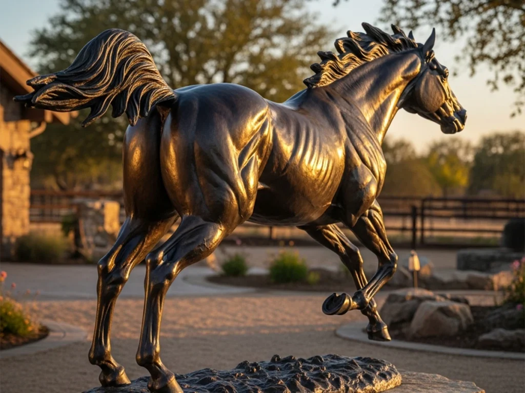 Life-size bronze Quarter Horse race horse statue showing powerful sprinting posture and muscular hindquarters.
