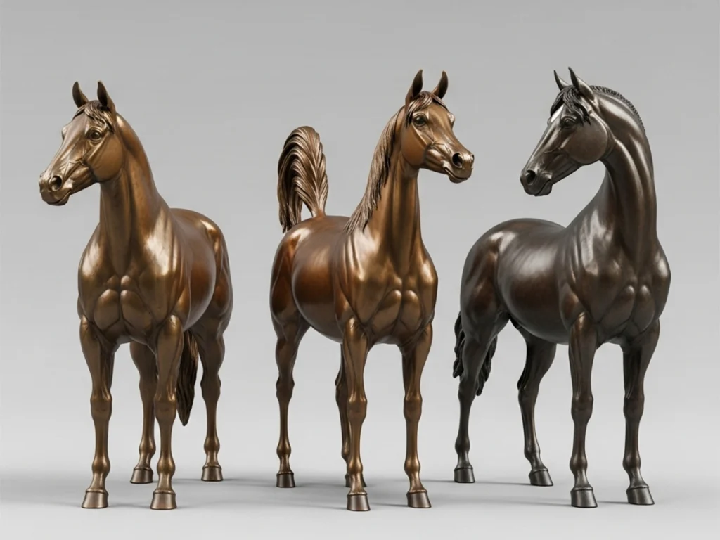 Comparison of bronze Quarter Horse, Arabian horse, and Friesian horse statues showing differences in equine anatomy and body structure.
