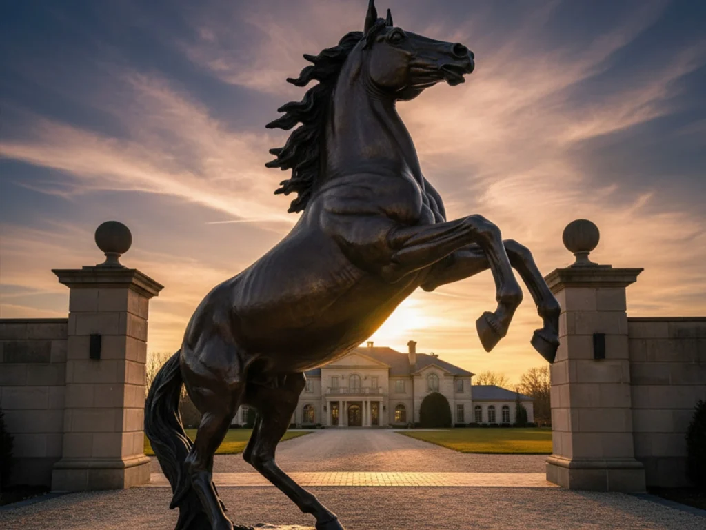 Large bronze horse statue positioned at a private estate entrance, symbolizing power and high-end taste.