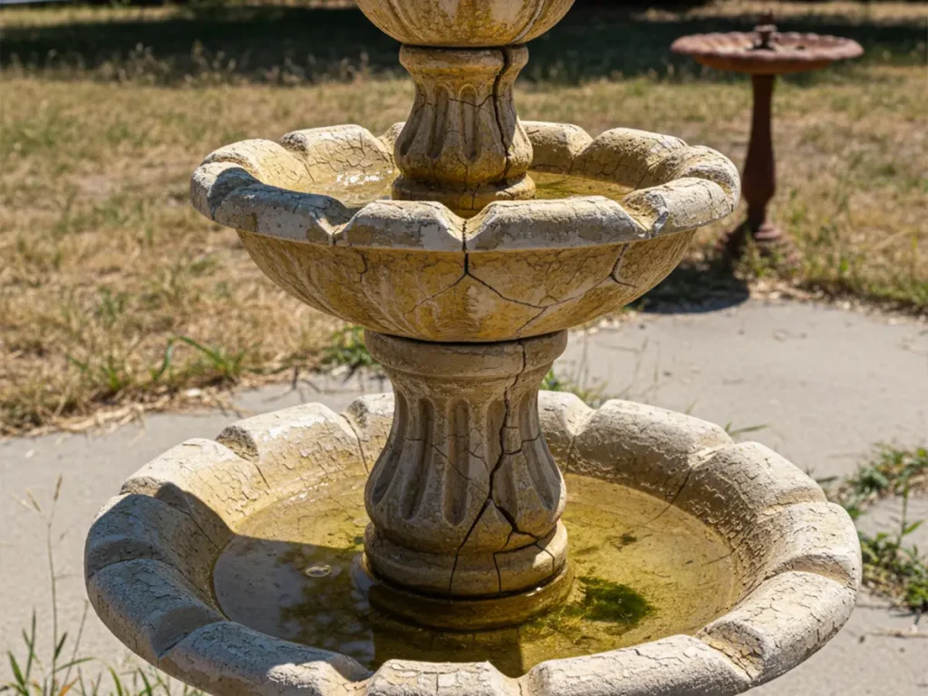Outdoor resin fountain faded and cracked from UV exposure, illustrating common problems with plastic water fountain materials.