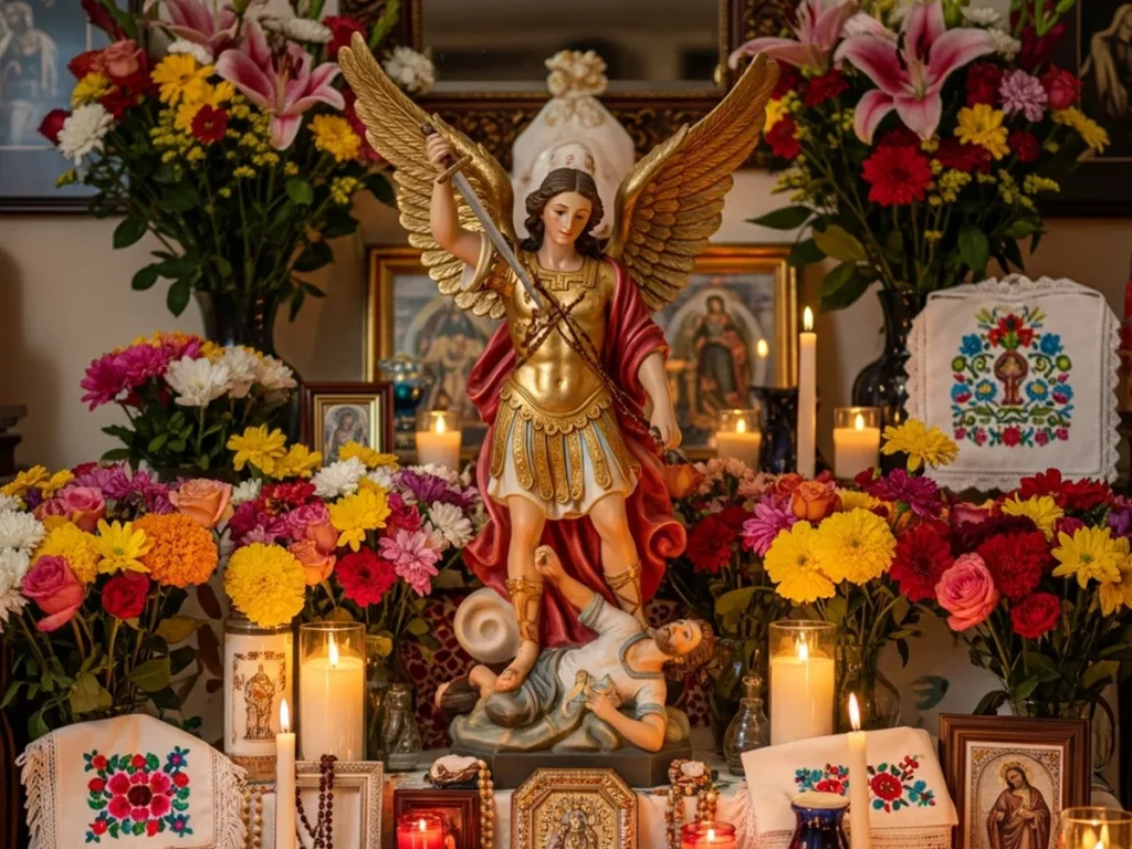 san miguel arcangel statue used during traditional catholic festival celebration