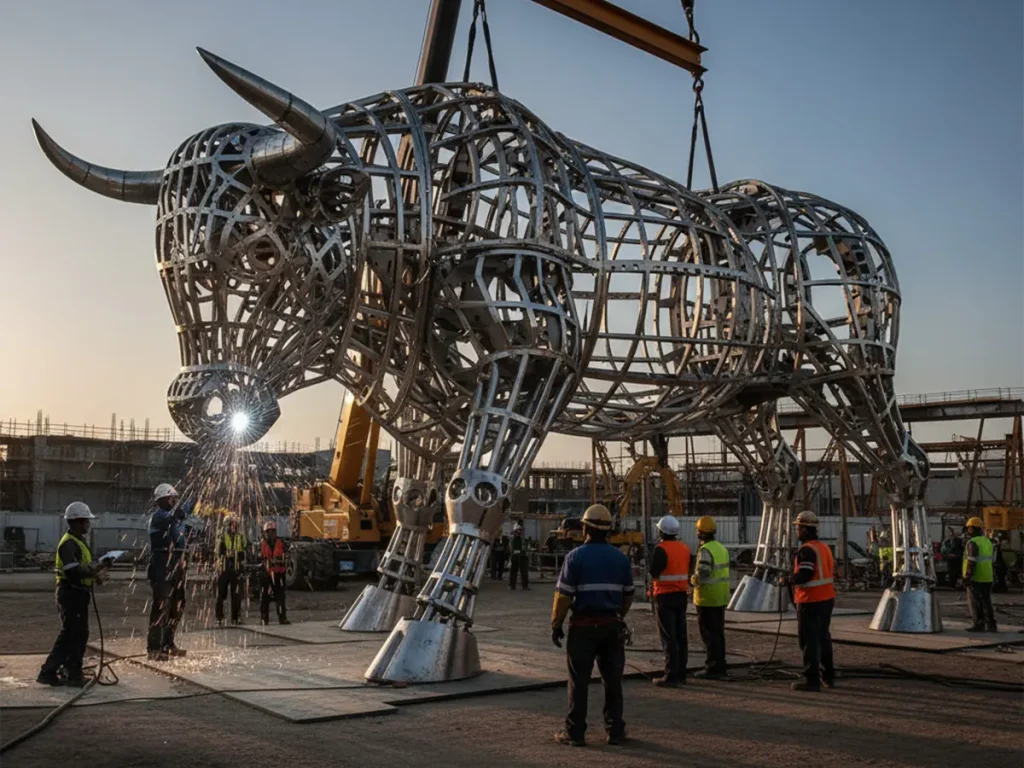 Segmented monumental bull sculpture being assembled and welded on site during large sculpture installation project
