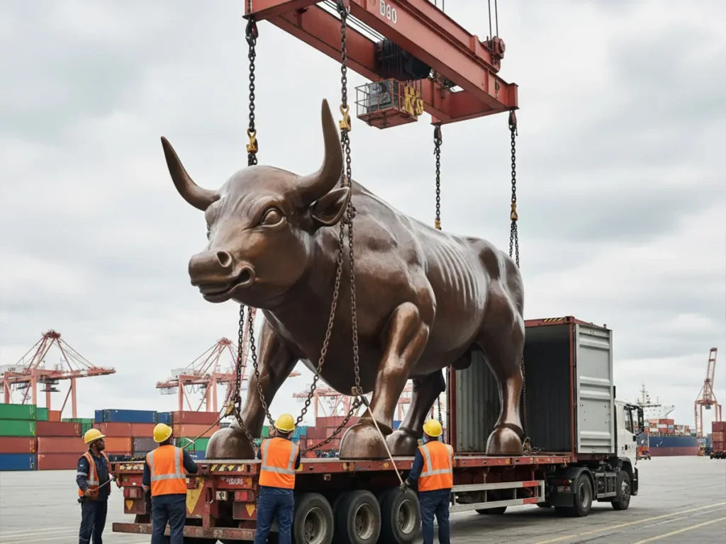 Shipping large outdoor bronze bull statue using crane loading into open top container at industrial port
