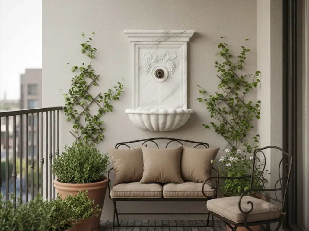 Small patio garden wall fountain transforming a compact balcony into a Roman-style courtyard retreat with soothing water sound.