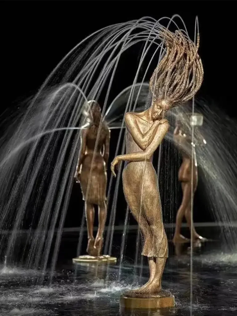 Solid silicon bronze figure fountain fully installed with flowing water, demonstrating durability of bronze fountains in outdoor estate setting.