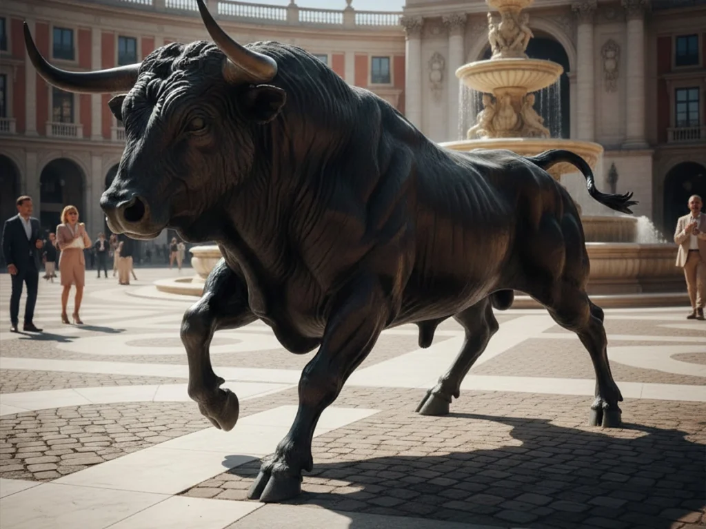 Bronze Spanish Fighting Bull sculpture in arena-inspired scene, mid-charge.