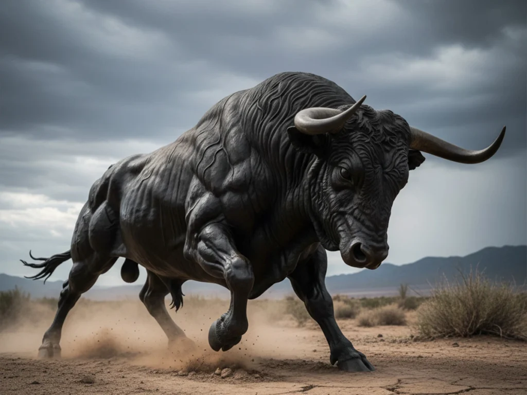 Bronze Spanish Fighting Bull sculpture captured mid-charge with detailed muscle tension.