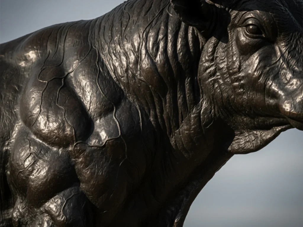Close-up of bronze Spanish Fighting Bull showing muscular tension and veins.