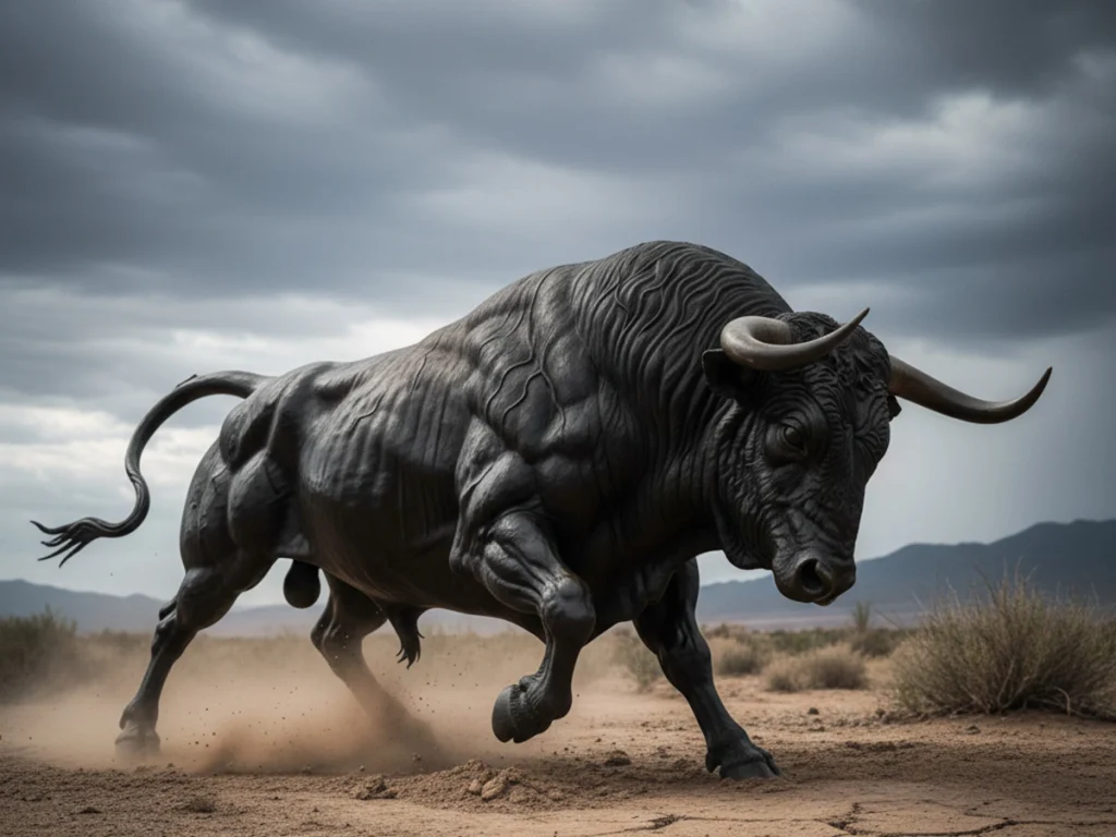 Side view of bronze Spanish Fighting Bull sculpture emphasizing muscle definition.