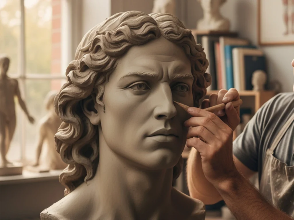 clay sculpting process of St Michael Archangel facial expression