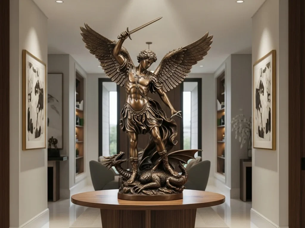 st michael statue placed in foyer entryway for home spiritual protection