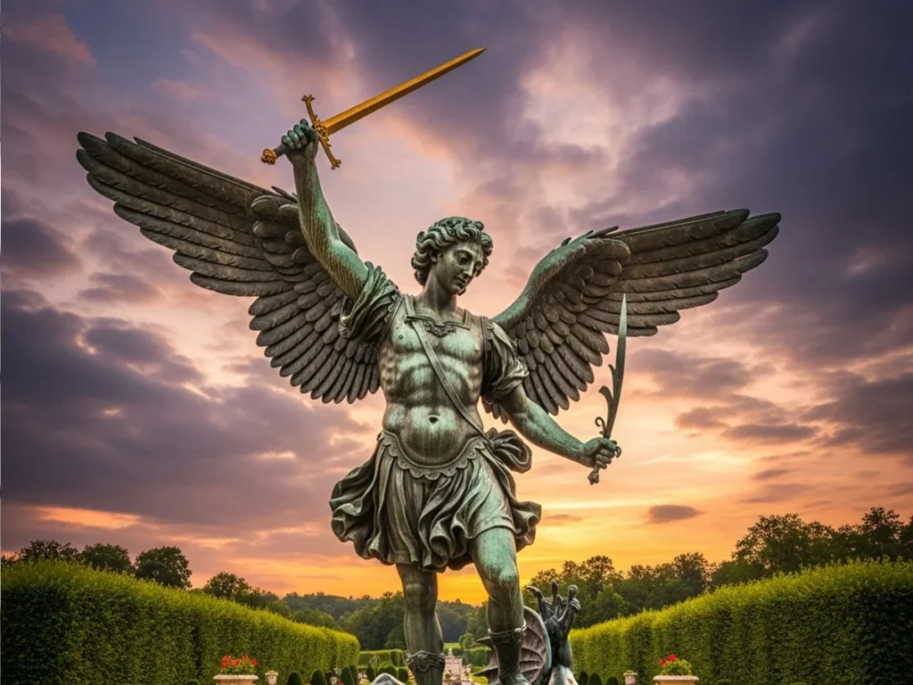monumental bronze st michael garden statue protecting luxury home entrance