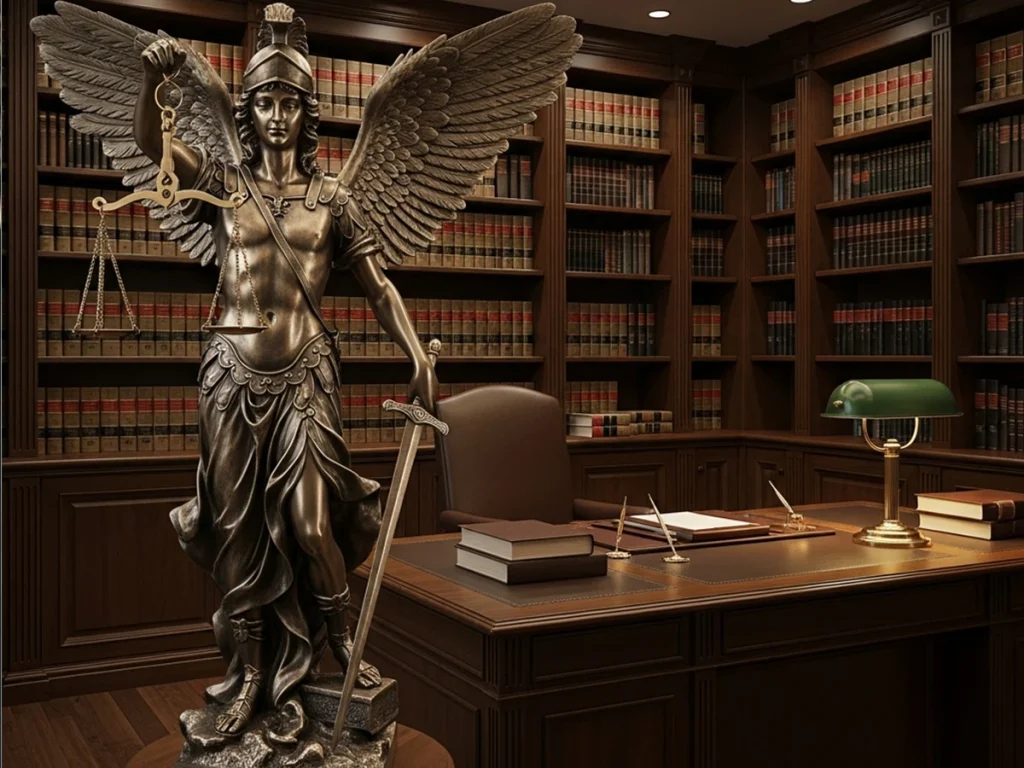 st michael scales of justice statue displayed in law office interior