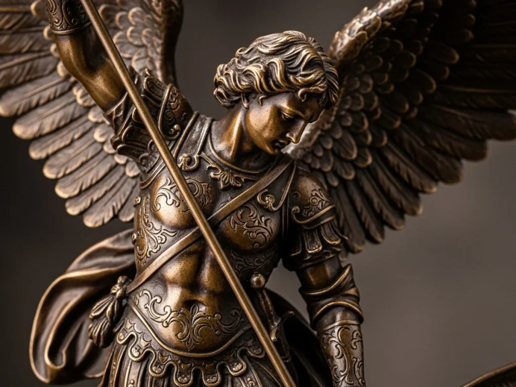 close up detail of bronze st michael slaying satan statue craftsmanship
