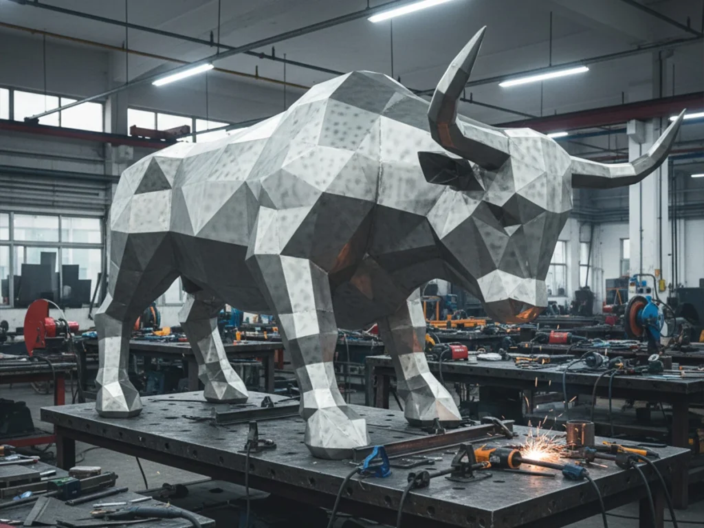 Fabrication process of a stainless steel geometric bull sculpture showing precision panel alignment before seamless welding
