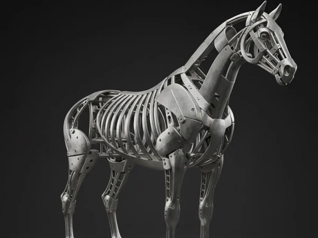 Internal stainless steel skeleton of horse statue showing structural support