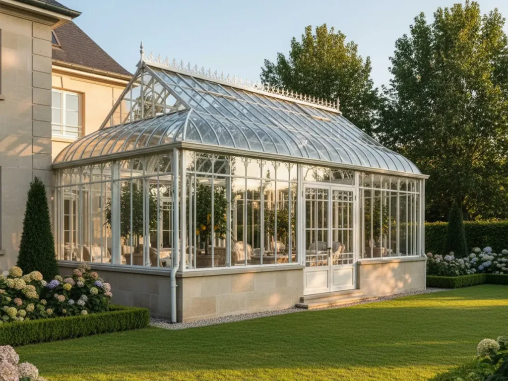 Traditional iron orangery with double pane tempered glass roof showing realistic orangery cost example for estate homes