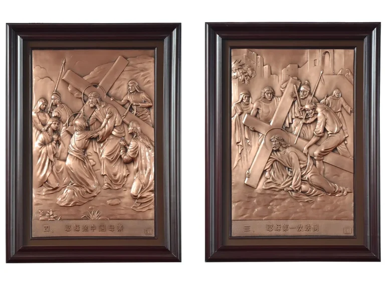 stations of the cross stations 3 4 first fall meets mary bronze relief