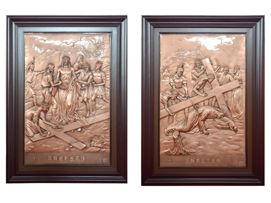 High-relief bronze Stations plaques depicting Station IX Jesus falling the third time and Station X Roman soldiers stripping Jesus of his garments with Roman numerals IX and X