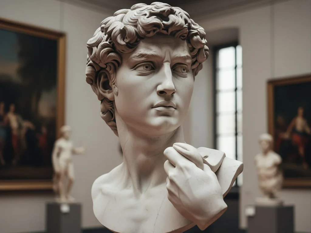 Hand carved marble statue of David bust with Renaissance detail