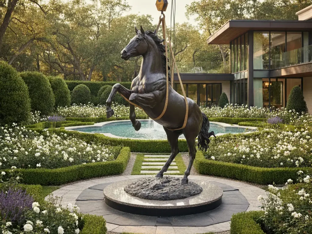 Technicians aligning and securing a life size bronze horse statue onto foundation bolts during installation