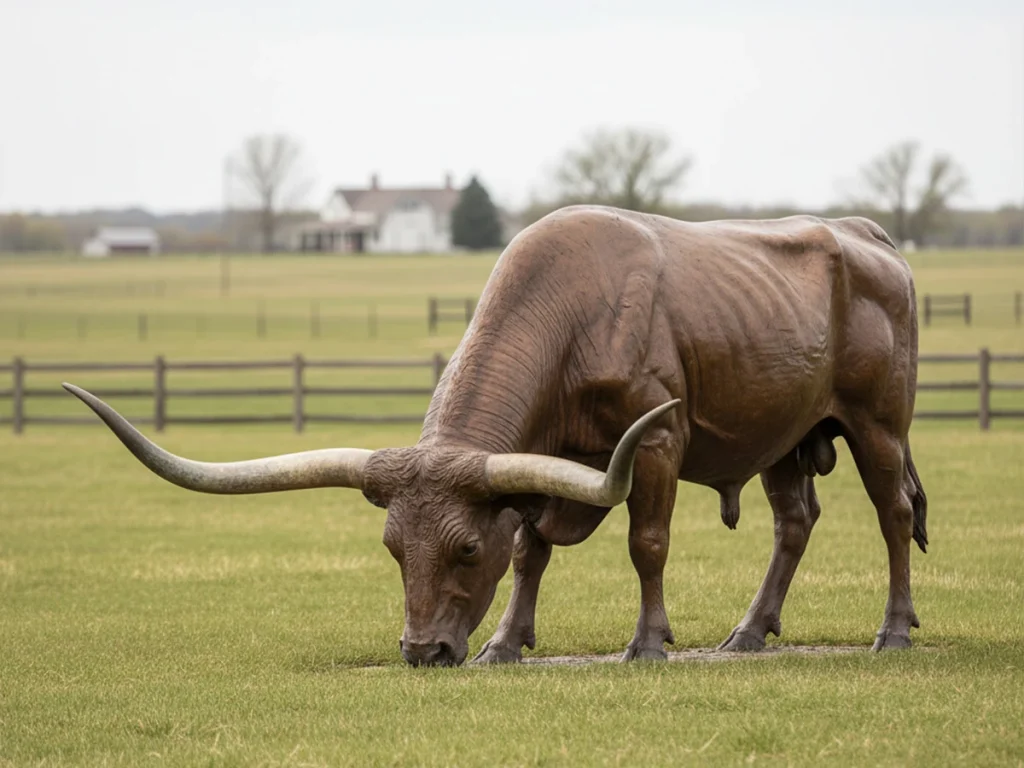 Bronze Longhorn sculpture in grazing pose with detailed horn and fur textures.