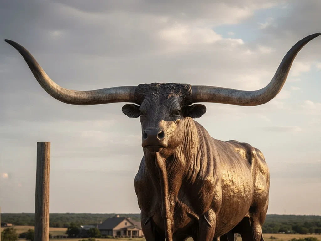 Detailed close-up of bronze Longhorn horns with natural fur and patina texture.