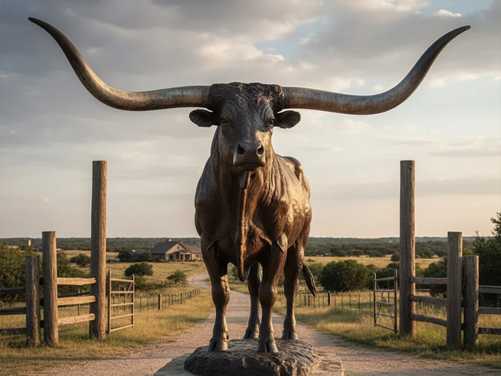 Bronze Texas Longhorn sculpture with wide horns at a ranch entrance.