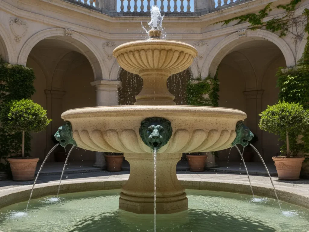 Classical tiered fountain with bronze lion heads spouting water into a lower basin, in a European-style courtyard.