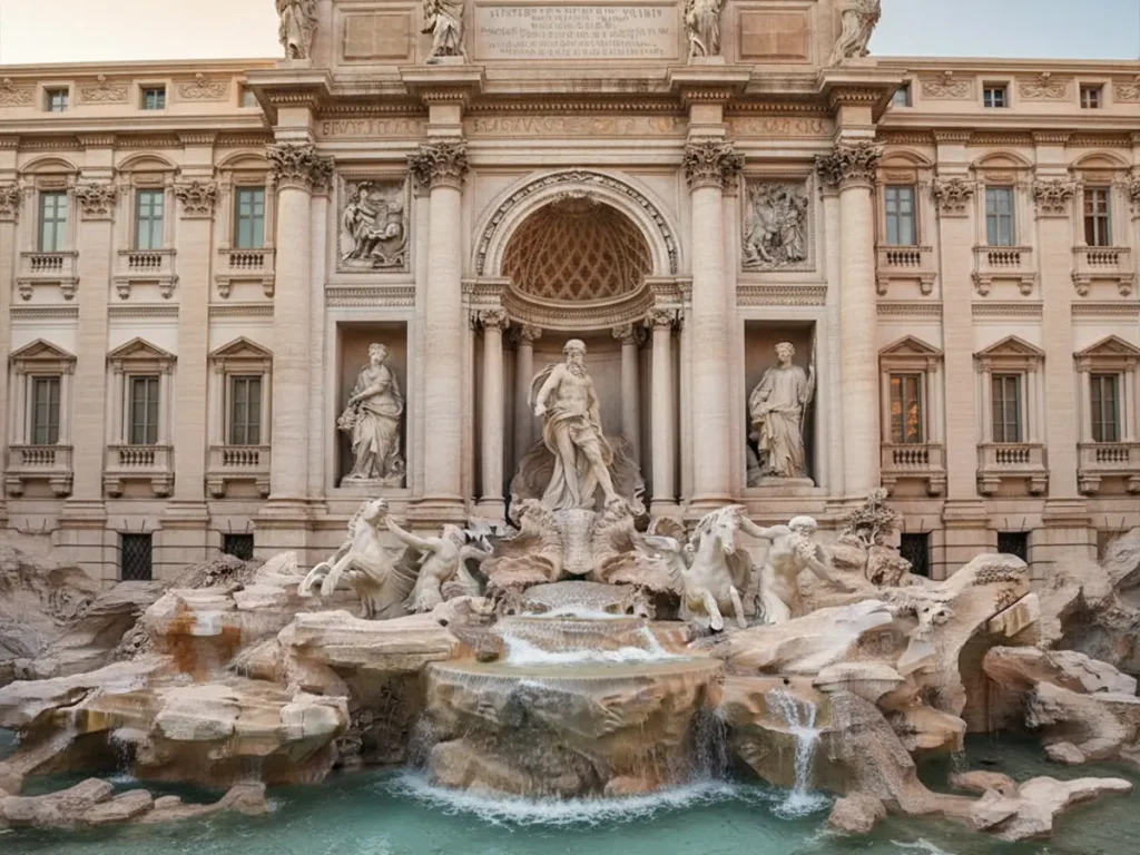 Trevi fountain replica with Oceanus statue hand-carved in natural white marble, monumental baroque large outdoor fountain installed in luxury estate courtyard