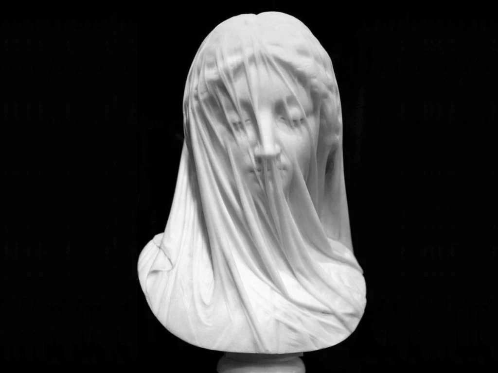Veiled lady marble bust sculpture showing transparent veil carving technique