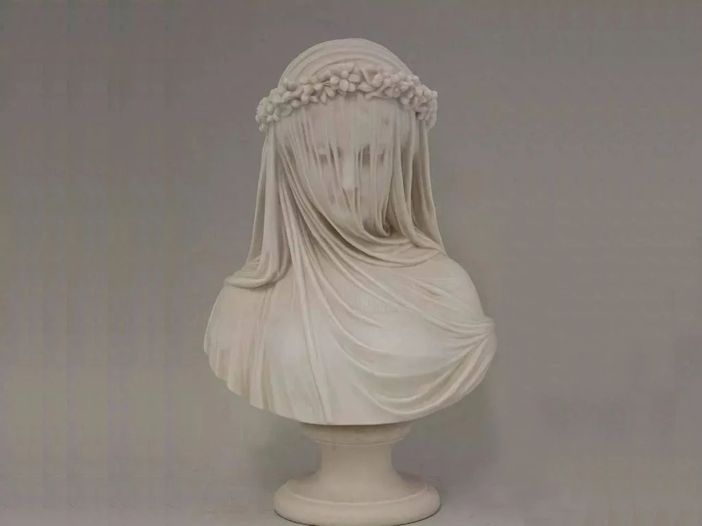 Veiled lady marble bust sculpture showing transparent hand carved stone veil
