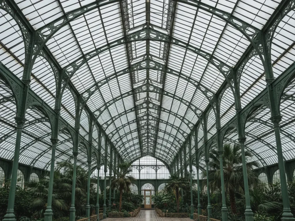 Victorian iron conservatory interior with arched glass roof and green plants