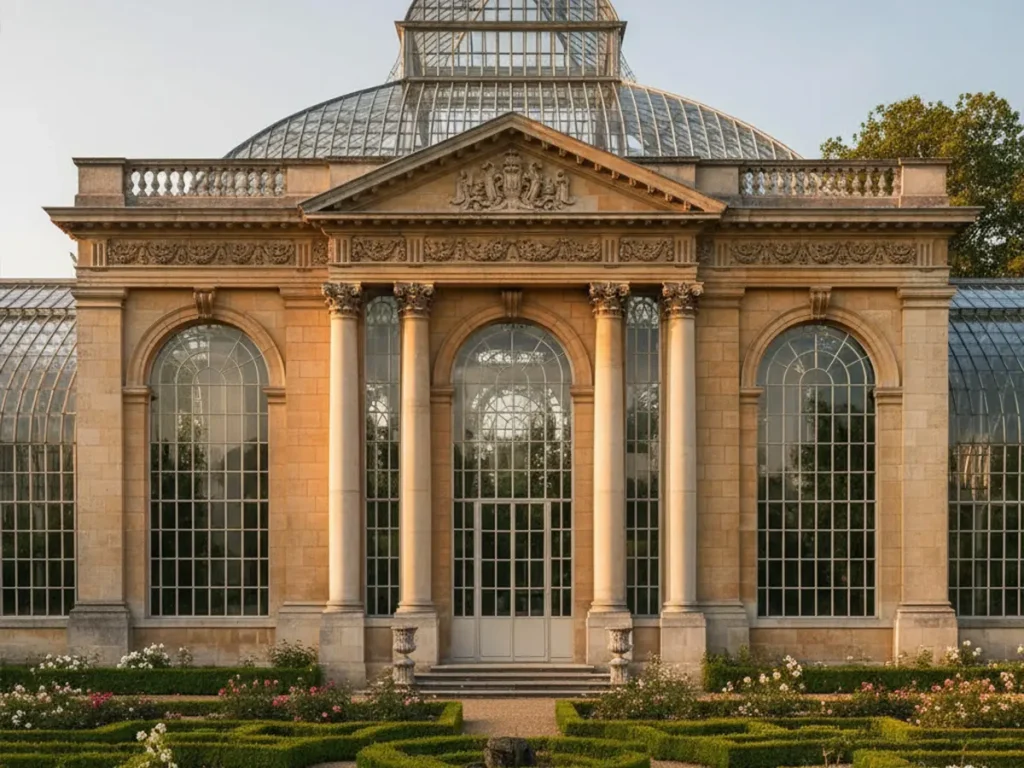 Classic Victorian orangery featuring masonry pillars and a central lantern roof attached to a luxury estate garden.