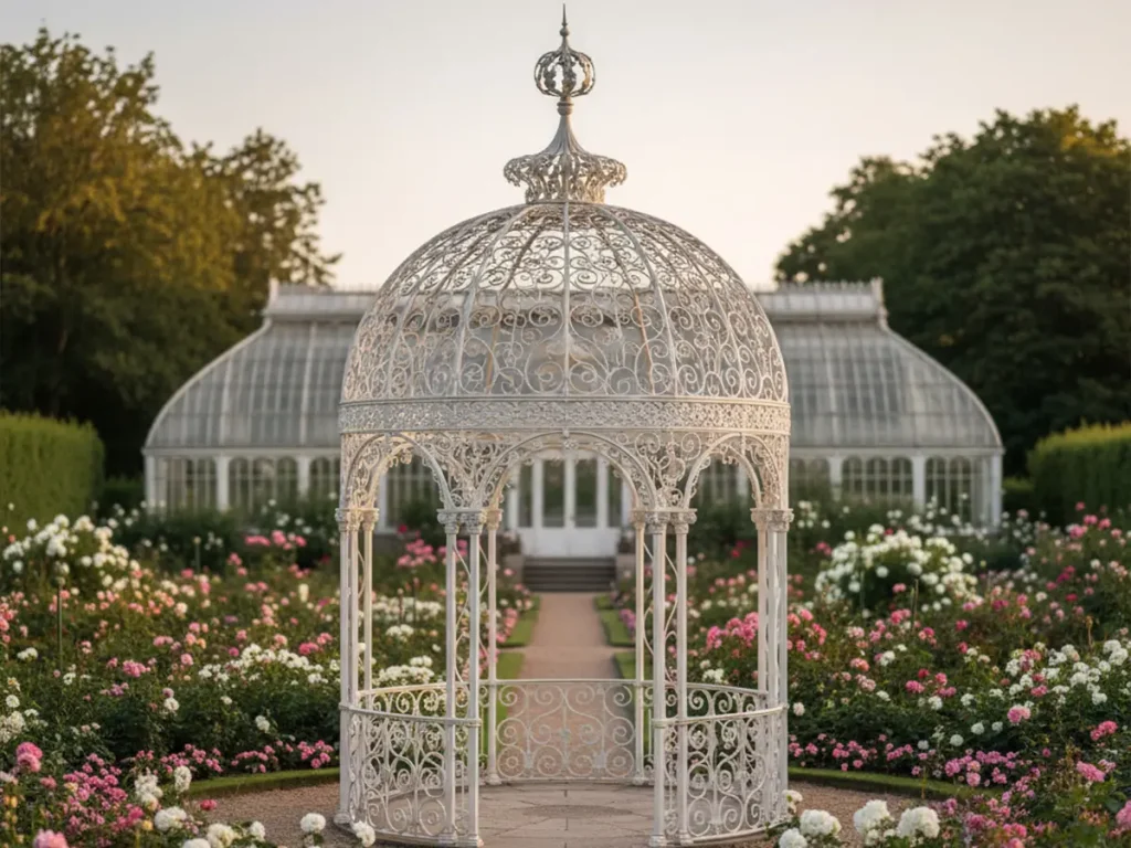 Victorian style wrought iron gazebo with intricate scrollwork located in a botanical garden landscape.