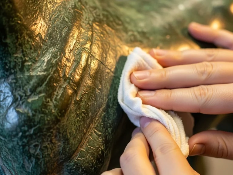 technician waxing outdoor bronze horse statue for patina protection