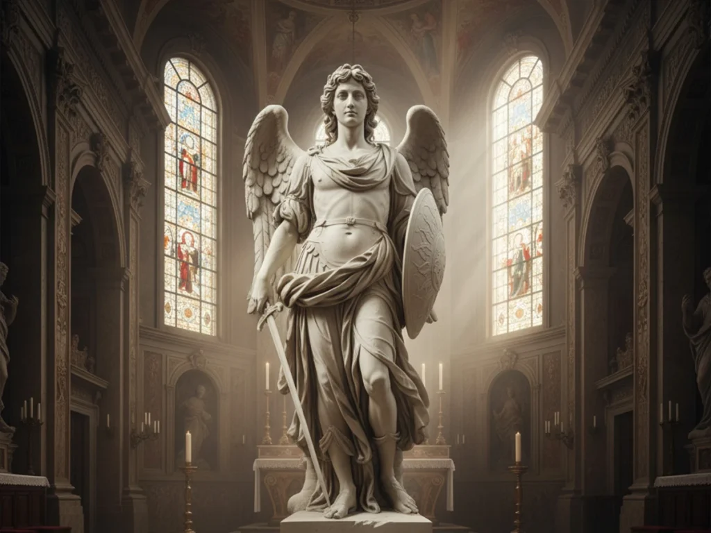 white marble St Michael statue displayed inside church sanctuary