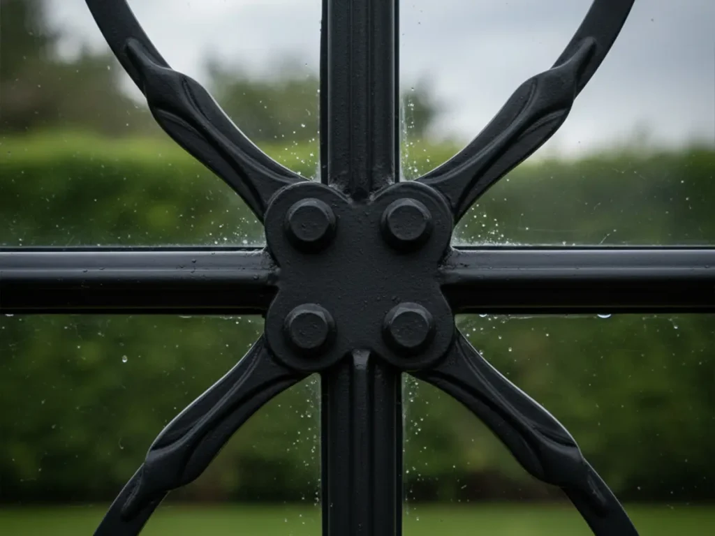 Detailed close-up of hot-dip galvanized wrought iron frame joint with double-pane tempered glass connection.