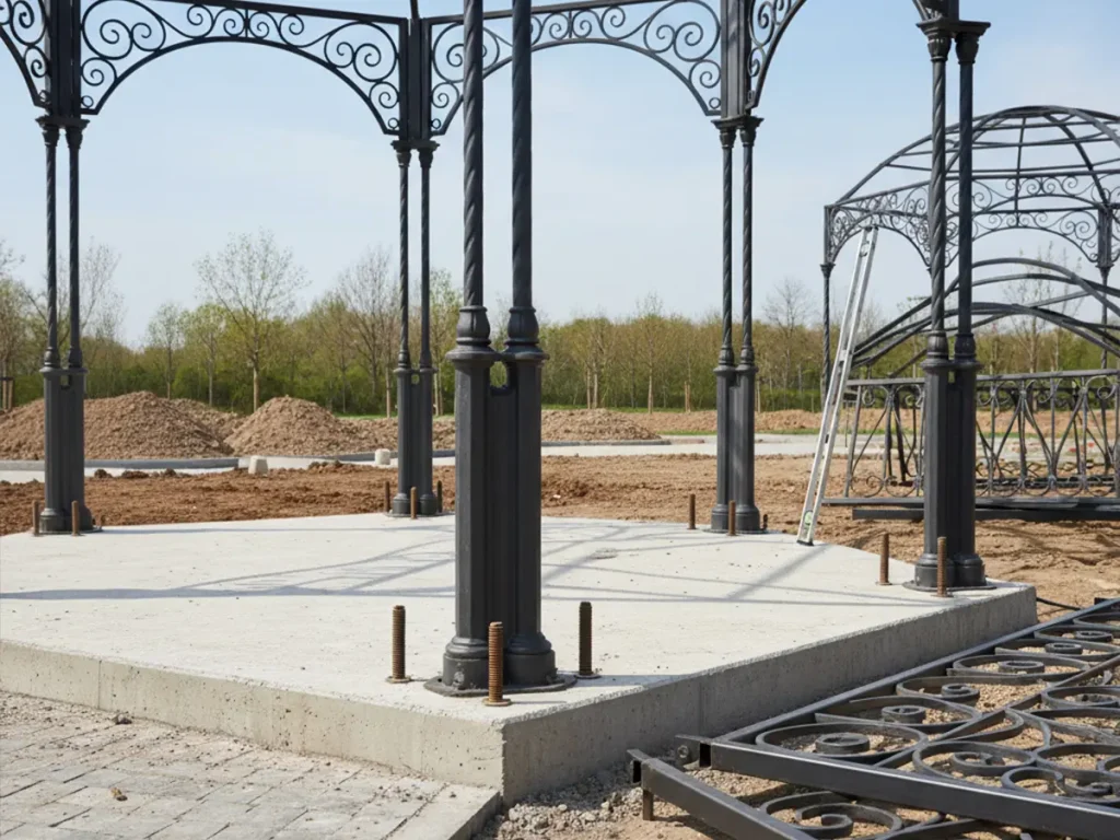 Workers assembling modular wrought iron gazebo sections with anchor bolts on a reinforced concrete foundation.