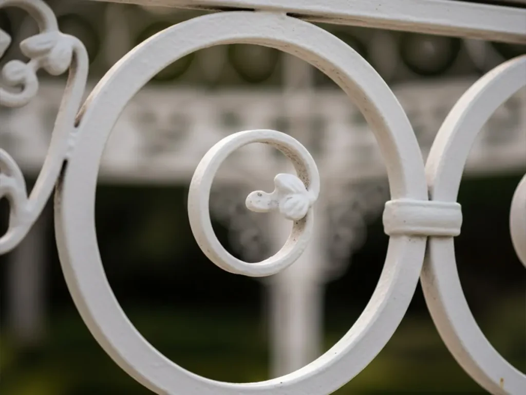 Close-up of hand-forged wrought iron scrollwork detail on a white metal garden gazebo structure.