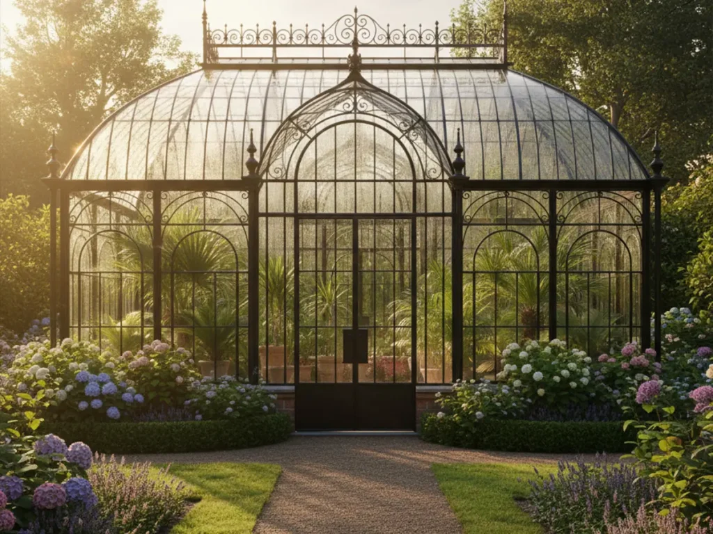 Victorian-style wrought iron greenhouse placed in a landscaped estate garden at golden hour.