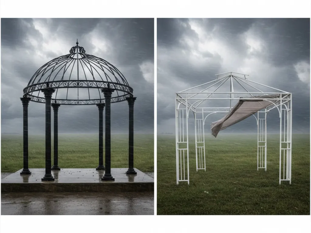 Comparison of heavy wrought iron gazebo anchored on concrete versus lightweight aluminum gazebo in windy conditions.