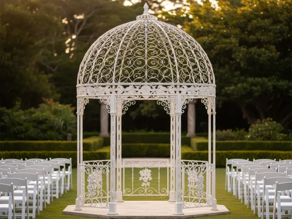 White wrought iron gazebo with hand-forged scrollwork and birdcage dome installed in a luxury outdoor wedding venue garden.