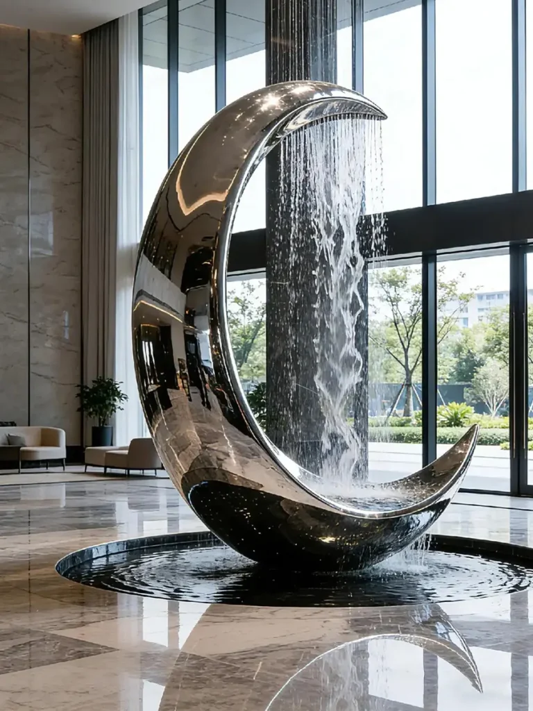 A monumental crescent-shaped water fountain sculpture in a grand hotel lobby. The flawless mirror-polished surface beautifully reflects the large windows and marble floor, demonstrating the pristine aesthetic that 316L Marine Grade stainless steel protects against the harsh reality of recirculating water.