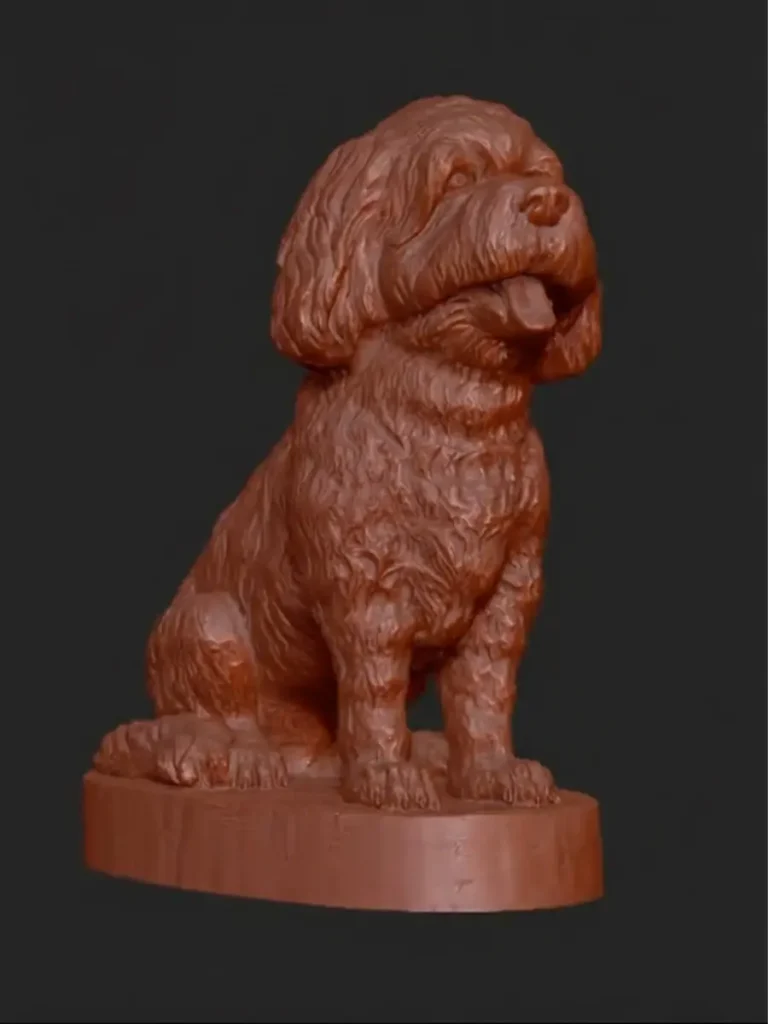 3D digital rendering of a custom dog statue, used to confirm the pose and proportions before sculpting begins.
