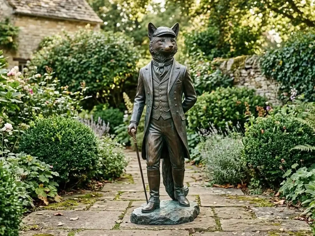 gentleman fox garden statue wearing waistcoat whimsical sculpture