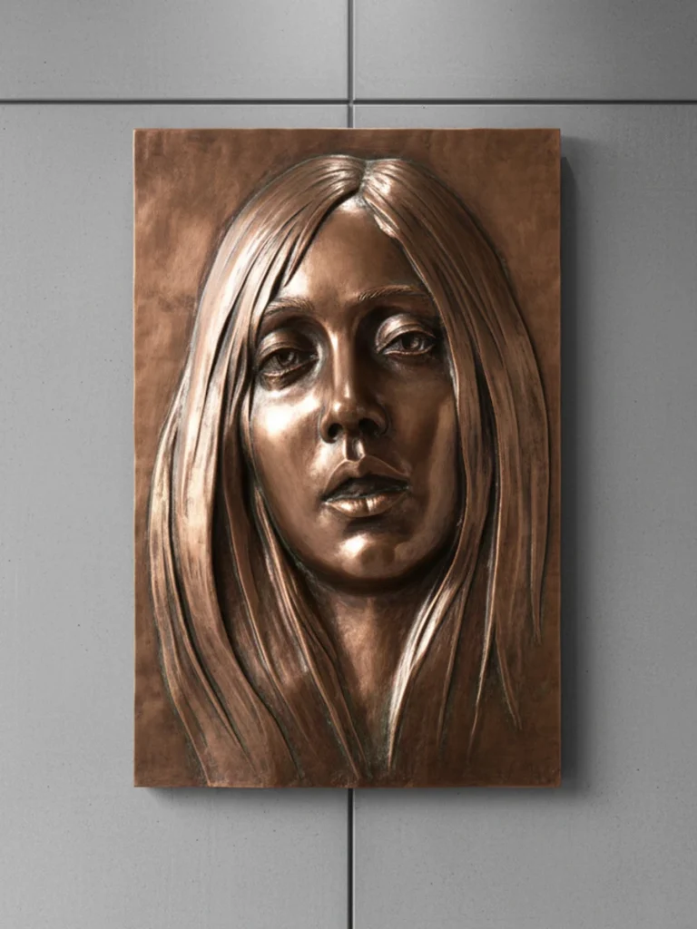 A custom abstract metal wall art sculpture relief of a human face on a metallic panel, demonstrating depth and material intelligence for modern architectural walls.