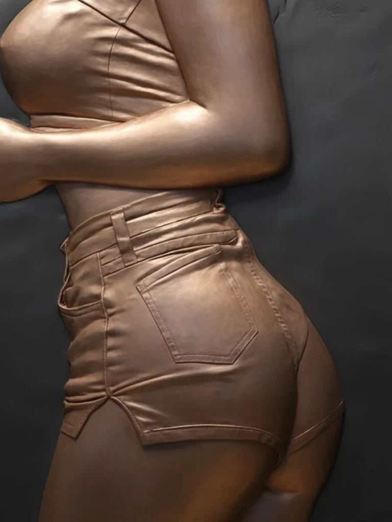 A side profile view of a bronze-colored 3D metal wall art sculpture panel, highlighting the defined geometric and organic shapes of a female torso, as part of the creation of abstract metal wall art.